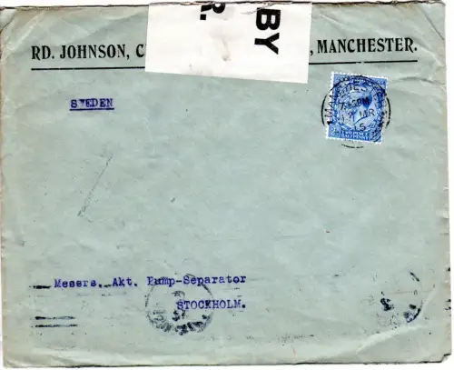 GB 1915, 2 1/2d with perfin on censored envelope from Manchester to Sweden