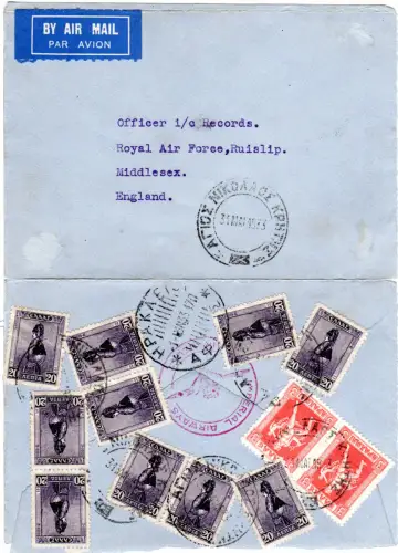 Griechenland 1933, 12 Marken rücks. auf Luftpost Brief v. Kreta n. GB