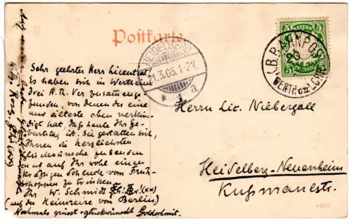 Bayern 1905, Bahnpost-K1 WERTH CIII LOHR klar auf Wertheim sw-AK m. 5 Pf.