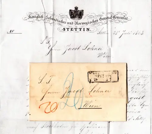 Preussen 1863, R3 Sped. Bureau No.3 Stettin auf Konsulatsbrief n. Österreich