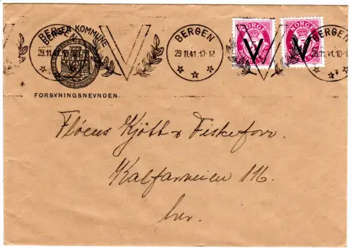 Norwegen 1941, 2x5 öre V-Überdruck auf Orts-Brief m. Bergen V-Maschinenstpl.