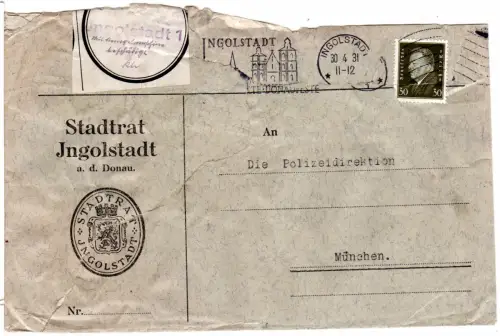 DR 1931, mit Stempelmaschine beschädigter Brief m. 30 Pf. v. Ingolstadt 