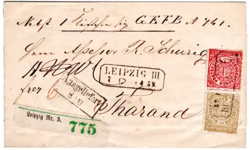 NDP, 5+1 Gr. auf schönem Paket-Brief m. nachverwendetem Sachsen-R2 Leipzig III