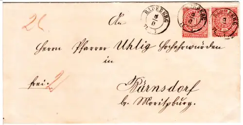 NDP 1871, 2x1 Gr. auf schönem Brief m. nachverwendetem Sachsen-K2 Radeberg