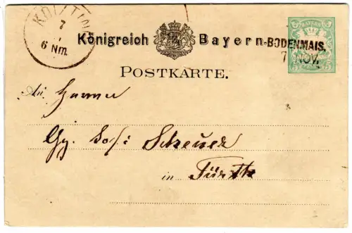Bayern 1878, Aushilfs-L2 Bodenmais klar auf 5 Pf. Ganzsache
