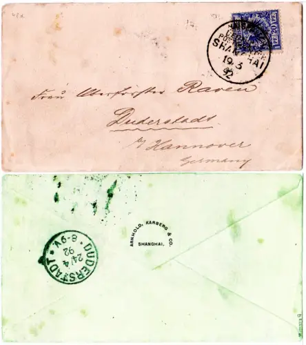 DP China 1892, 20 Pf. (V48b) auf Vorläufer Brief v. Shanghai. Geprüft.