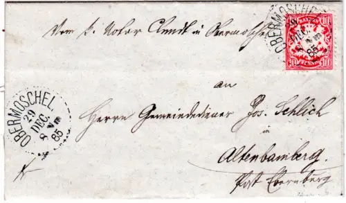 Bayern 1885, K1 Obermoschel klar auf Pfalz-Brief m. 10 Pf. n. Altenbamberg