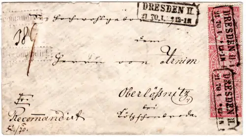 Sachsen 1870. 3x1 Gr. auf Einschreiben Brief m. nachverw. Sachsen-R2 Dresden II
