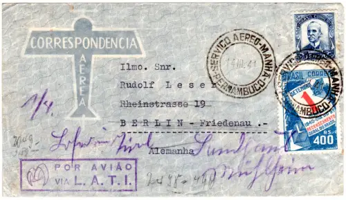 Brasilien 1941, 5000+400 R. auf LATI Luftpost Brief v. Pernambuco n. Deutschland