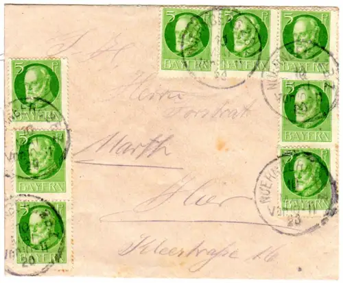 Bayern 10.5.1920, MeF 8x5 Pf. auf portorichtigem Orts-Brief v. Nürnberg