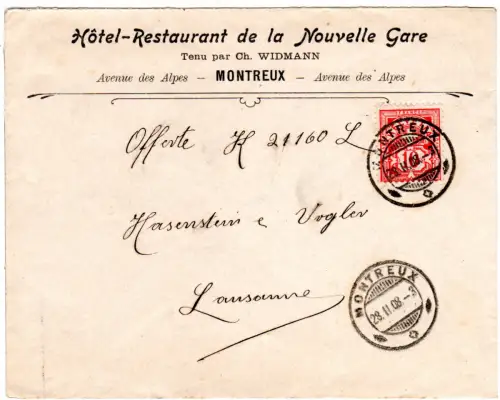 Schweiz 1908, 10 C. auf Vordruckumschlag Hotel de la Nouvelle Gare v. Montreux