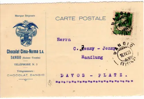 Schweiz 1923, 10 C. auf illustrierter Chocolat Cima-Norma Reklamekarte v. Dangio