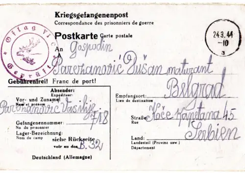 DR 1944, KGF POW Karte v. Offiziers-Lager Osnabrück-Eversheide n. Serbien