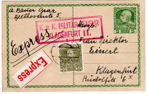 Österreich 1915, 30 H. auf 5 H. Express-Ganzsache v. Graz m. Klagenfurt Zensur