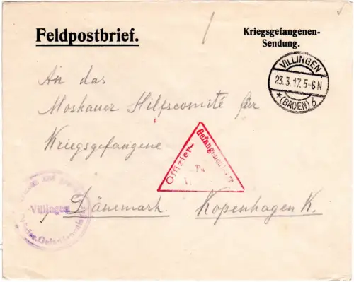 DR 1917, Villingen Baden, Offizierslager KGF POW Zensur Brief n. Dänemark. 