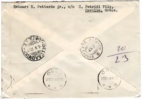 Griechenland 1937, 7 Marken auf Luftpost Brief v. Cavalla n. Norwegen.