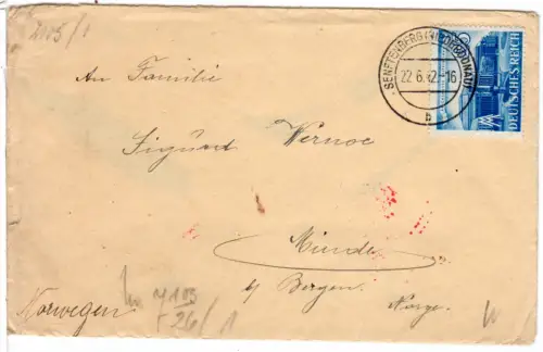 DR 1942, EF 25 Pf. auf Ostmark Zensur Brief v. Senftenberg (NÖ)  n. Norwegen