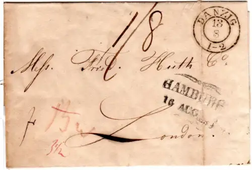 Preussen 1839, K2 Danzig auf Franko/Porto Brief via Hamburg n. London GB