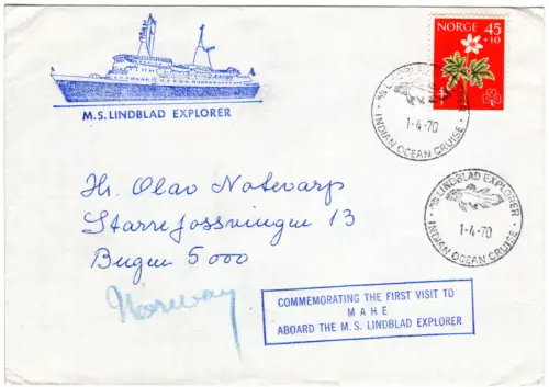 Norwegen 1970, M/S Lindblad Schiffspostbrief m. 45 öre v. Mahe Seychellen