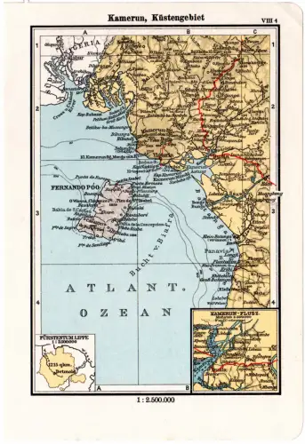 Kamerun, Landkarte Küstengebiet, Seite aus altem Atlas (157x105 mm).