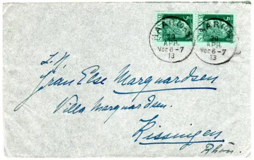 Bayern 1913, K1 Haar (Oby.) klar auf Brief n. Paar 5 Pf. n. Kissingen.