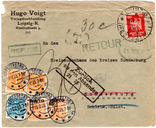 DR 1925, 5 Dänemark Portomarken auf Brief m. 10 Pf. v. Leipzig n. Sonderburg