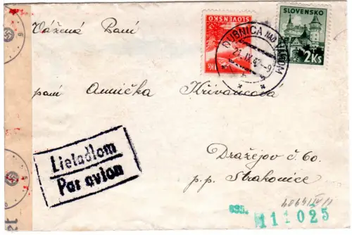 Slowakei 1942, 1+2 Ks. auf Luftpost Zensur Brief v. Dubnica Nad Vahom