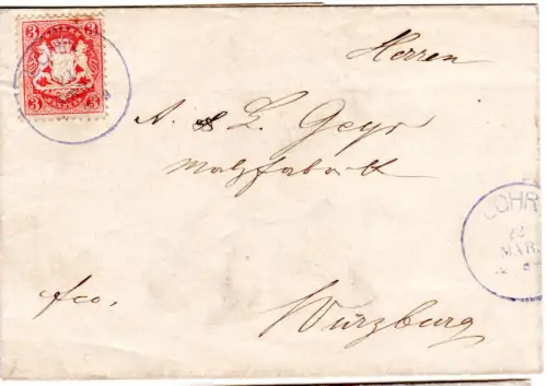 Bayern 1872, 3 Kr. auf Brief m. blauem K1 Lohr