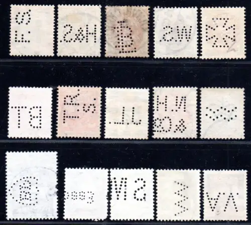 Dänemark, 15 alte Marken m. versch. Firmenlochungen / perfins