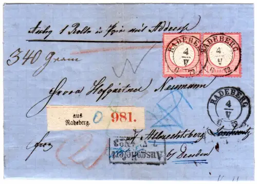 DR 1872, Paar 1 Gr. auf Paketbrief m. nachverwendetem Sachsen-K2 Radeberg