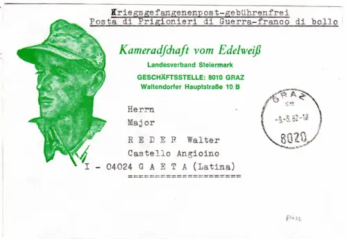 Österreich 1982, später KGF Brief v. Graz an Major Reder, Festung Gaeta Italien
