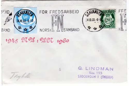 Norwegen 1960, 20 öre auf Brief m. Stavanger UN Maschinen Werbestpl. + Vignette