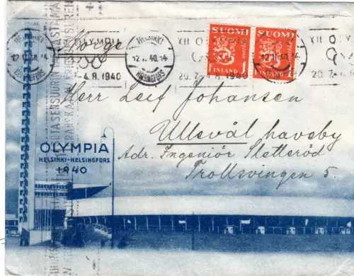 Finnland 1940, 2x1 Mk. auf Olympia Bilderbrief m. entspr. Maschinenstpl.