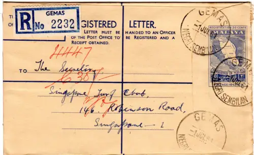 Malaya 1961, 30 C. Einschreiben Ganzsache Brief v. Gemas n. Singapore. 