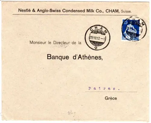 Schweiz 1912, 25 C. auf Nestlé Firmenbrief v. Cham n. Griechenland