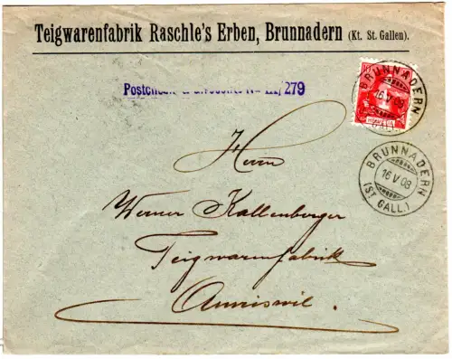 Schweiz 1908, 10 C. auf Firmenbrief v. Brunnadern (St. Gall.)
