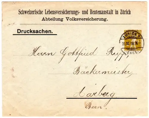 Schweiz 1910, 2 C. Privatganzsachenumschlag als Drucksache v. Zürich n. Aarberg