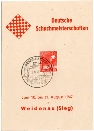 1947, Ereigniskarte Dt. Schachmeisterschaften Weidenau m. entspr. Sonderstempel