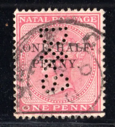 Natal 50, sauber gebr. One Half Penny/1d m. perfin Firmenlochung