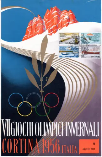 Olympiade 1956 Cortina Italien, Programm-Faltblatt m. Olympiasatz u Ersttagsstpl