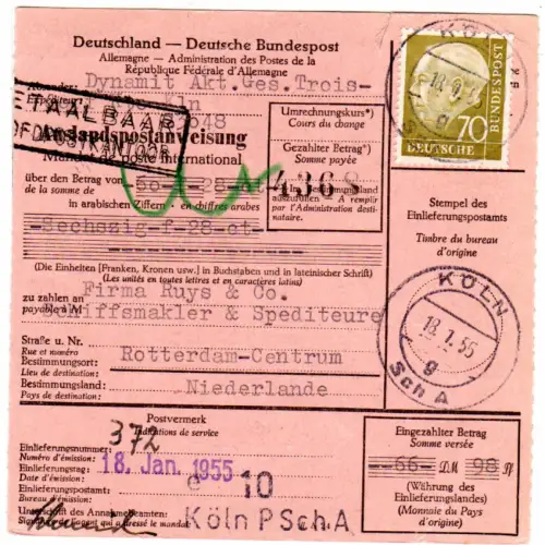 BRD 1955, EF 70 Pf. Heuss auf Auslandspostanweisung v. Köln i.d. NL.