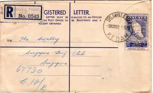 Malaya 1959, 30 C. Einschreiben Ganzsache Brief v. Spg.Ampata.Star n Singapore. 