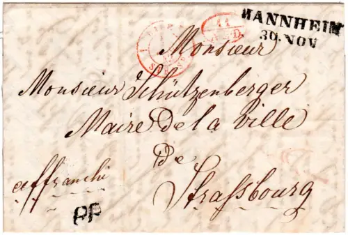 Baden 1842, L2 Mannheim zus. m. PP u. 11 AED in rot auf Brief n. Straßburg
