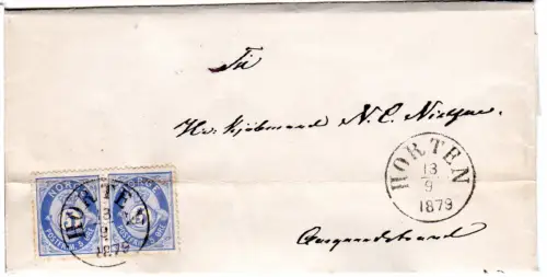 Norwegen 1879, Paar 5 öre (Faltbug) auf Brief v. Horten n. Aasgaardstrand