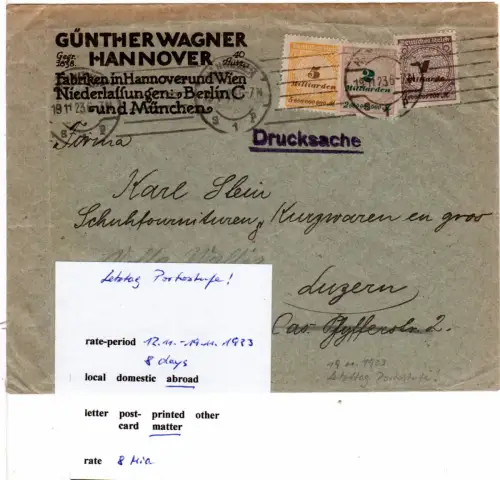 DR 1923, 1+2+5 Mia. auf portorichtigem Drucksache Brief v. Hannover i.d. Schweiz