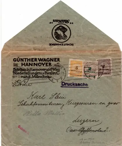 DR 1923, 1+2+5 Mia. auf portorichtigem Drucksache Brief v. Hannover i.d. Schweiz