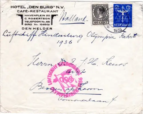 NL 1936, 12 1/2+60 C. auf Zuleitungsbrief v. Den Helder zu Zeppelin Olympiafahrt