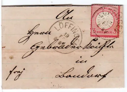 DR 1873, 3 Kr. gr. Brustschild auf kl. Brief m. Baden-K1 Löffingen