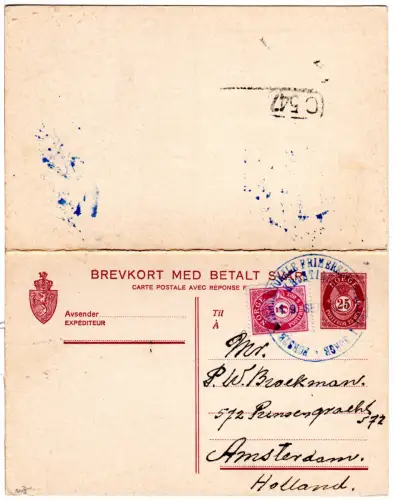Norwegen P 63, 25+25 öre Doppelkarte m. Zusatzfr. u. Sonderstempel n. NL