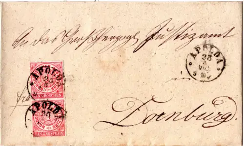 NDP 1868. Paar 1 Gr auf Brief m. nachverwendeten Taxis-K1 Apolda u. rs. Dornburg